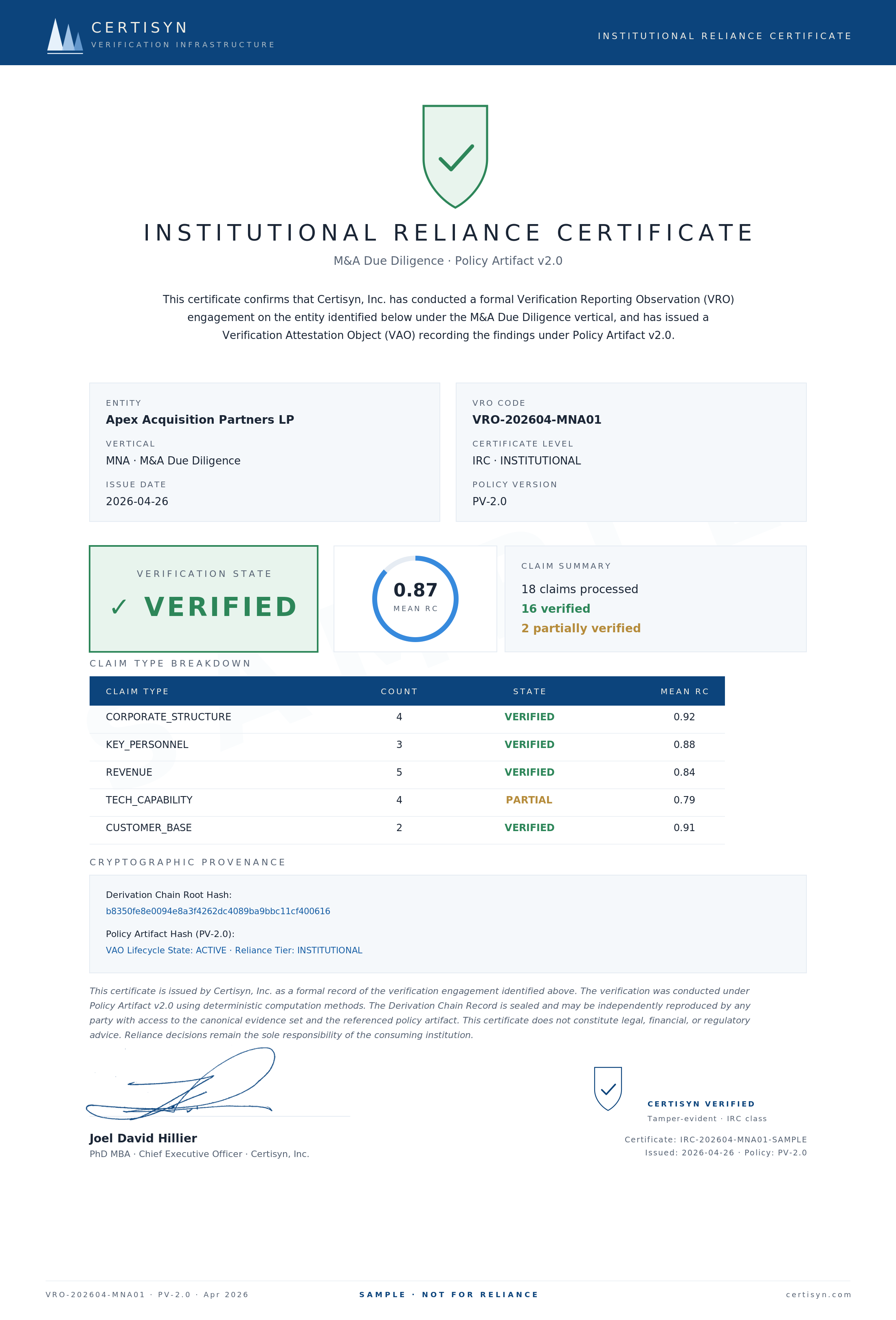 Sample Verification Attestation Object certificate